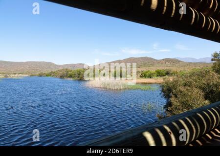 Blick vom Vogelschutzgebiet mit rollstuhlgerechtem Zugang über Feuchtgebiete, Vrolijkheid Nature Reserve, McGregor, Western Cape, Südafrika Stockfoto