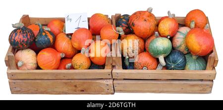 Kleine orange Herbst Kürbisse in Holzkisten auf der Straße verkauft. Isoliert auf Weiß Stockfoto