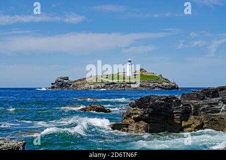 Godrevy Leuchtturm in St ives Bay cornwall england, dieser Leuchtturm gab der Schriftstellerin Virginia Woolf die Inspiration für ihren Roman „zum Leuchtturm“ Stockfoto