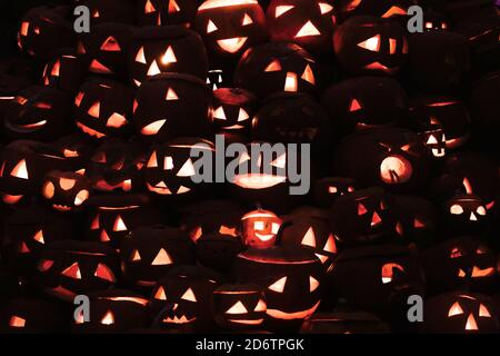 Hintergrund von geschnitzten und beleuchteten Halloween Kürbissen im Dunkeln. Stockfoto