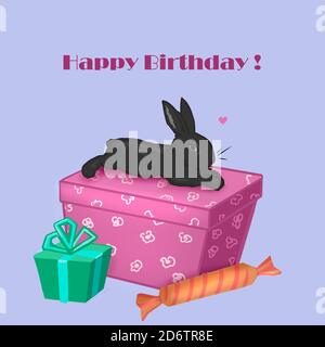 Happy Birthday Karte mit schwarzem Hase und Geschenken Stockfoto