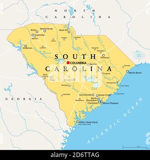 South Carolina, SC, politische Karte, mit der Hauptstadt Columbia, größten Städten und Grenzen. Staat in der südöstlichen Region der Vereinigten Staaten. Stockfoto