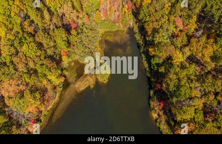 Luftdrohnenbild direkt auf den Coopers Rock Lake und die Glade Run im State Park im Herbst. Das Hotel liegt in der Nähe von Morgantown WV Stockfoto