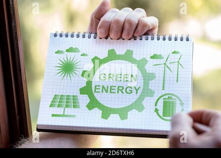 Handzeichnung Green Energy Konzept auf einem Notizblock Stockfoto