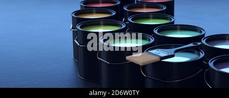 Paint cans with intense colors. Dark background. Stockfoto