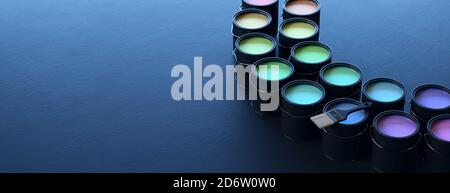 Paint cans with intense colors. Dark background. Stockfoto