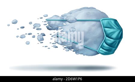 Wintergesundheitsversorgung als Schneeball das Tragen einer Gesichtsmaske Konzept als kalter Schneeball Symbol für Gesundheit und Prävention als medizinische Geräte. Stockfoto