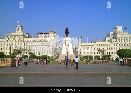 Der Plaza San Martin Platz im historischen Zentrum von Lima, atemberaubende UNESCO-Weltkulturerbe von Lima, Peru Stockfoto