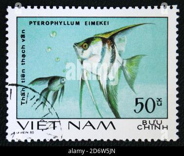 MOSKAU, RUSSLAND - 7. JANUAR 2017: Eine in Vietnam gedruckte Briefmarke zeigt pterophyllum eimekei - tropische Engelfische, um 1980 Stockfoto