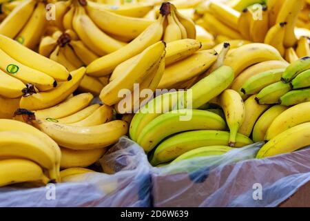 Stapel von Bananenbünden in Kartons zum Verkauf im Lebensmittelgeschäft, Moskau, 08/10/2020 Stockfoto