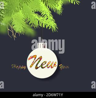 Neujahr abstrakt minimalistischen Hintergrund. Hängende Silhouette der Weihnachtskugel Kugel auf Zweigen der Weihnachtstanne auf schwarzem Hintergrund. Farbenfroher Text glücklich Stockfoto