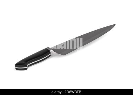 Kochmesser aus Edelstahl mit schwarzem Kunststoffgriff auf Weiß Hintergrund - 3D-Rendering Stockfoto