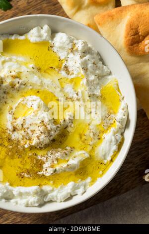 Hausgemachter Joghurt Labneh Käse Dip mit Olivenöl und Pita Stockfoto