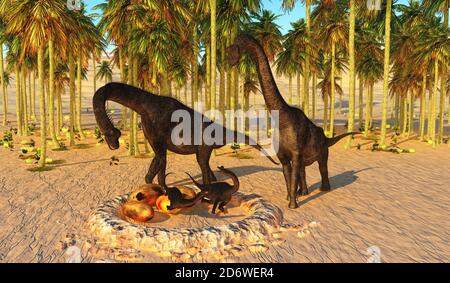 Dinosaurier Baby Nest - zwei Brachiosaurus Eltern beobachten ihre Nachkommen schlüpfen aus Dinosaurier-Eier in einem Nest, das sie gepflegt. Stockfoto