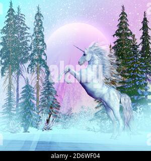 Unicorn Moon - EIN Einhorn ist eine legendäre Kreatur der Mythologie, die ein Spiralhorn auf der Stirn und Klauen hat. Stockfoto