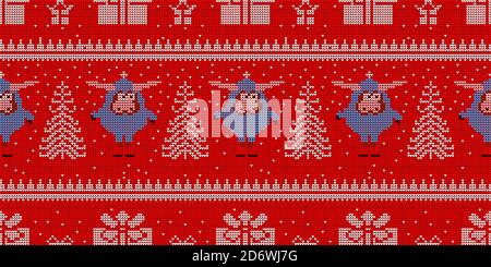 Strickmuster. Stricken mit Nadeln. Nahtloses rotes Wintermuster. Jahr des Stiers oder Ochsen Stock Vektor