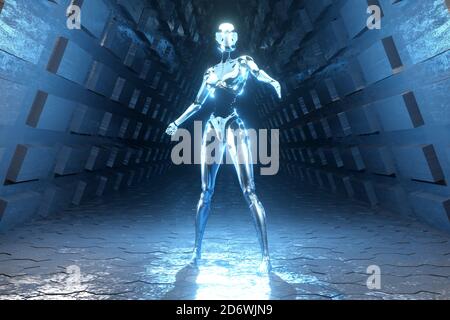 3D-Illustration eines Cyborg in einer Scifi-Umgebung Stockfoto