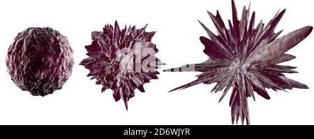 3D Rendering Illustration der mikroskopischen Stadien einer auf Weiß isolierten mutierenden Krebszelle. Stockfoto