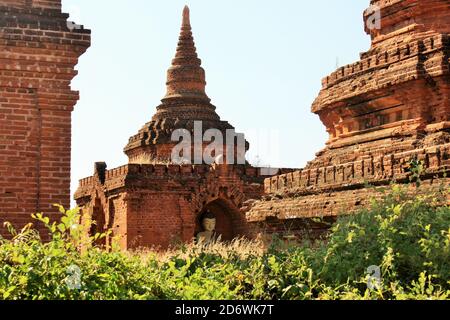 Brick Pagoden mit goldfarbenen Buddha innen und grünen Blättern im Vordergrund bei Bagan, Myanmar Stockfoto