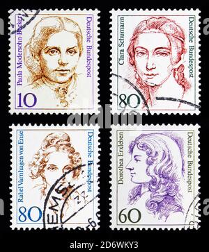 MOSKAU, RUSSLAND - 13. MAI 2018: Vier Briefmarke gedruckt in der Bundesrepublik Deutschland aus der Serie Frauen in deutscher Geschichte, um 1986-1994 Stockfoto