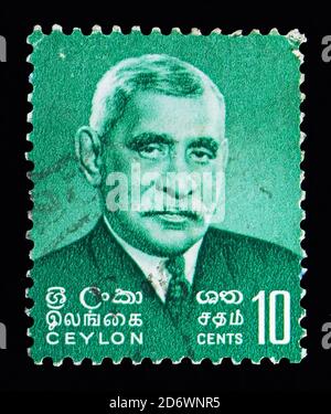 MOSKAU, RUSSLAND - 13. MAI 2018: Eine in Ceylon gedruckte Briefmarke zeigt Dudley Shelton Senanayake, endgültige Ausgabe 1964-72 Serie, um 1966 Stockfoto