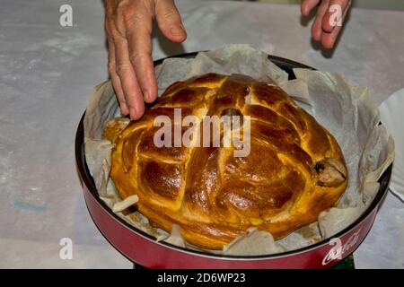 Die Hände einer älteren Hausfrau, die einen Festkuchen gebacken hat - Brot für die bevorstehenden Feierlichkeiten. Das Brot wird im Ofen vom Herd gebacken. Stockfoto