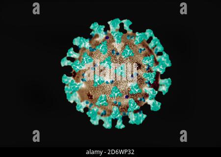 Ultrastrukturelle Morphologie, die von Coronaviren, den Spitzen, die die äußere Oberfläche des Virus schmücken, die das Aussehen eines Corona Surroun vermitteln gezeigt Stockfoto