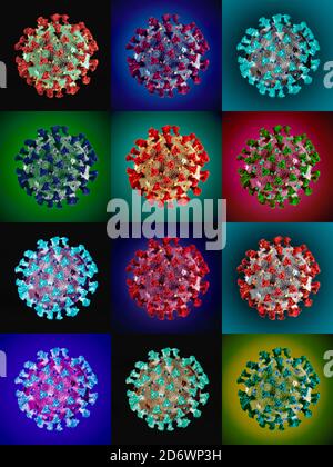 Konzeptionelles Bild von COVID 19 neuartige Coronavirus, ultrastrukturelle Morphologie von Coronaviren, die Spitzen, die die äußere Oberfläche der schmücken ausgestellt Stockfoto