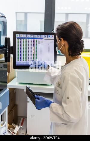 Laden der Reagenzien von COVID-19 Screening-PCR-Testproben in die automatische Maschine, Krankenhaus-Analyselabor Limoges, Frankreich. Stockfoto