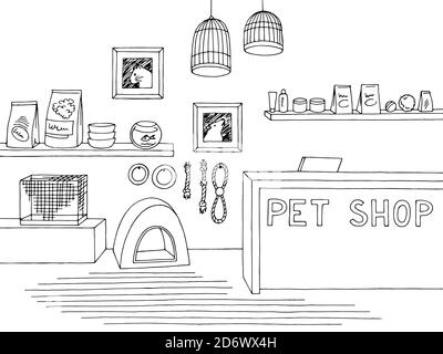 PET Shop Store Grafik Innenraum schwarz weiß Skizze Illustration Vektor Stock Vektor