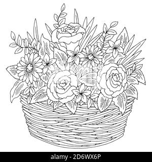 Blumenkorb Grafik schwarz weiß isoliert Bouquet Skizze Illustration Vektor Stock Vektor