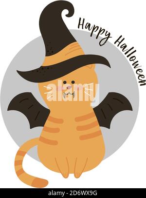 Halloween Katze trägt Hexenhut gegen einen Vollmond mit Vampir Fledermäuse Vektor