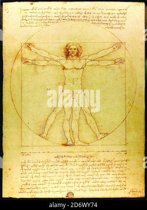 Titel: Die Proportionen der menschlichen Figur (nach Vitruvius) Urheber: Leonardo da Vinci Datum: ca.1492 Maße: 34,3x24,5 cm Medium: Stift & Tinte auf Papier Ort: Accademia di Belle Arti di Venezia Stockfoto