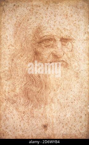 Titel: Selbstporträt Ersteller: Leonardo da Vinci Datum: Um 1512 Maße: 33,3 x 21,3 cm Medium: Rote Kreide auf Papier Ort: Königliche Bibliothek von Turin Stockfoto