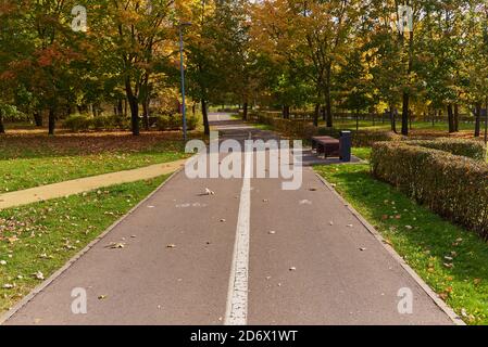 Asphaltierte Straße im Park, geteilt durch Markierungen auf dem Fahrrad und Fußgänger Teile. Stockfoto