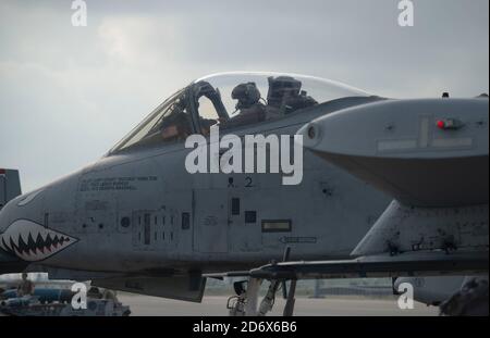 Ein Pilot der US-Luftwaffe mit dem 75. Jagdgeschwader, das der Moody Air Force Base, Georgia, zugewiesen wurde, bereitet sich darauf vor, die Landebahn in einem A-10 Thunderbolt II auf der Tyndall Air Force Base, Florida, am 16. Oktober 2020 zu taxen. Die 75. FS reiste nach Tyndall für ein Waffensystem-Evaluierungsprogramm, das entwickelt wurde, um Luft-zu-Boden- und Luft-zu-Luft-Waffensysteme zu evaluieren. (USA Luftwaffe Foto von 2. LT. Kayla Fitzgerald) Stockfoto