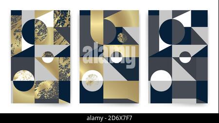 Vorlagen mit elegantem geometrischen Design. Struktur mit Marmoreffekt, goldene Linien und geometrische Formen. Vektormuster. Geeignet für Karten, Papier, t Stock Vektor