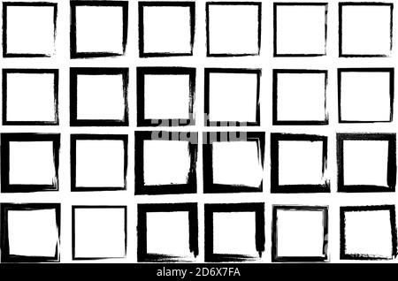 Satz von Vektorquadraten mit unregelmäßiger Kontur. Raue Pinselstriche. Unterschiedliche Dicke der gezeichneten Linien. Isolierte Figur. Grunge-Stil. Stock Vektor