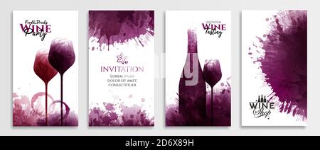 Vorlagen mit Wein-Designs. Rotweinflecken Abbildung von Glas und Flasche Wein. Social Media Banner, Karten, Cover, Broschüren, texturierte Backgr Stock Vektor