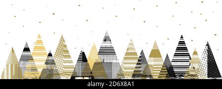 Weihnachtsbäume mit abstrakter Textur. Weiß und Gold Farbe. Weißer Hintergrund mit goldenen Schneeflocken. Horizontales Banner. Vektorgrafik Stock Vektor