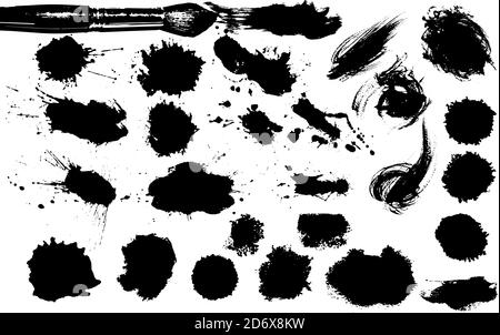 Sammlung von Tintenflecken und Spritzern. Handbemalt mit Pinsel. Künstlerische Striche. Vektorgrafik Stock Vektor
