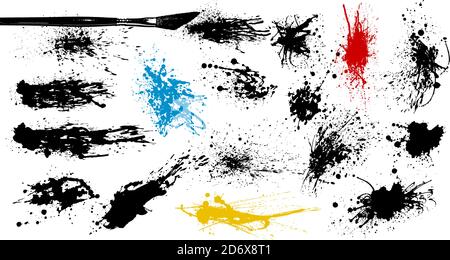 Sammlung von Tintenflecken und Spritzern. Handbemalt mit Pinsel. Tropfen, verschüttete Flüssigkeit. Künstlerische Striche. Vektorgrafik Stock Vektor