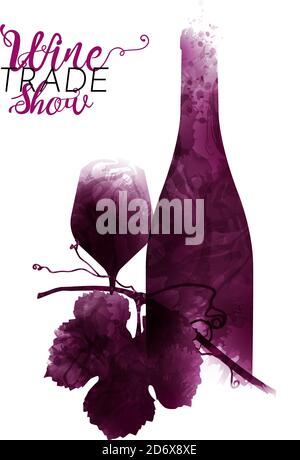 Illustration des Stilllebens mit Flasche und Glas Wein und Weinblatt. Künstlerische Illustration mit Rotweinflecken. Poster, Cover, Werbung, Flye Stock Vektor