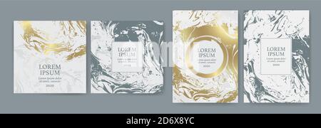 Set von Design-Vorlagen mit goldener Textur, Marmor-Effekt. Luxus und Eleganz. Goldene und weiße Farbe. Geeignet für Hochzeitseinladungen, VIP-Veranstaltungen, Co Stock Vektor