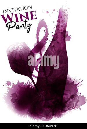Weinflasche Illustration, Weinglas und Musik Symbol. Künstlerische Illustration mit Rotweinflecken im Hintergrund. Poster, Cover, Werbung, Flyer, Geschenk Stock Vektor