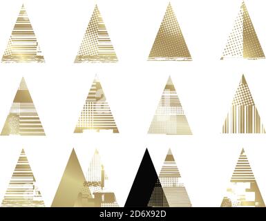 Dreieckige Formen mit dekorativer Textur. Weihnachtsbaum von goldener Farbe. Isoliert. Vektorgrafik. Für Postkarten, Werbekarten, Verpackung p Stock Vektor