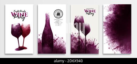 Vorlagen mit Wein-Designs. Rotweinflecken Abbildung von Glas und Flasche Wein. Social Media Banner, Karten, Cover, Broschüren, texturierte Backgr Stock Vektor