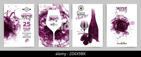 Sammlung von Vorlagen mit Wein-Designs. Broschüren, Poster, Einladungskarten, Werbebanner, Menüs. Weinflecken Hintergrund. Vektorgrafik Stock Vektor