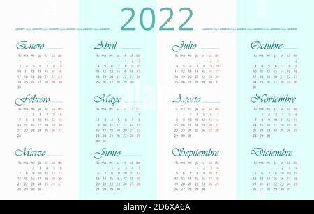 Spanische Kalendervorlage für 2022. 12 Monate. Sonntage und samstage sind rot markiert. Die Woche beginnt am Montag. Vektor bearbeitbare Vorlage 10 EPS. Horiz Stock Vektor