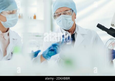 Nahaufnahme. Wissenschaftler diskutieren die Ergebnisse ihrer Forschung. Stockfoto